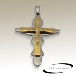 Pendentif croix chrétienne strass acier gris/doré SPE031