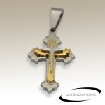Pendentif croix chrétienne ailes acier gris/doré SPE073